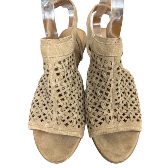 Franco Sarto Harlet 3 Leather Tan Beige Woven Chunky High Heels Sandals Shoes 8 - Picture 6 of 16